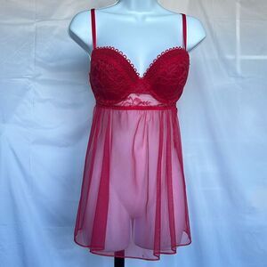 Victoria’s Secret Red Lace Push Up Bra Size 36D Babydoll Lingerie Sheer Mesh